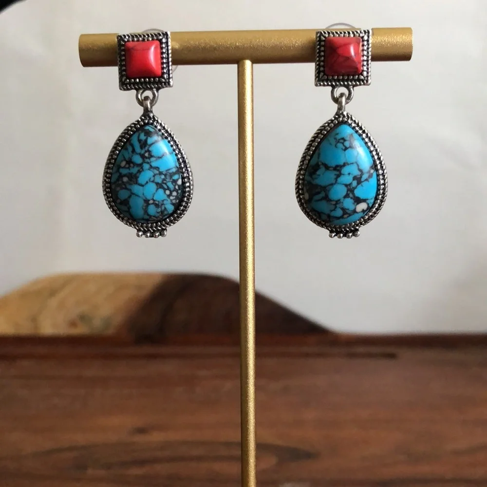 Women’s Orchid Turquoise Earring Ethnic Boho Earrings Blue Red Faux Gemstones